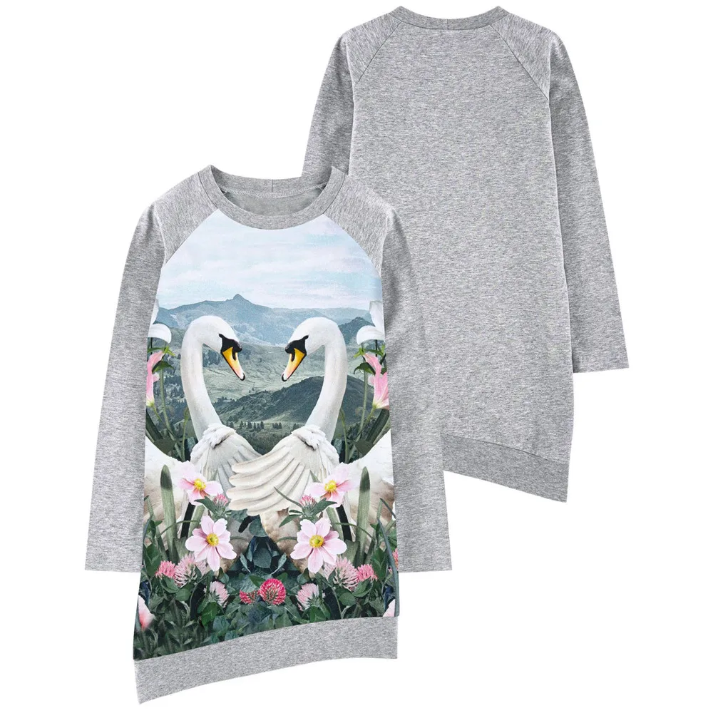 Платье для маленьких девочек платья с длинными рукавами принтом лебедя Детская