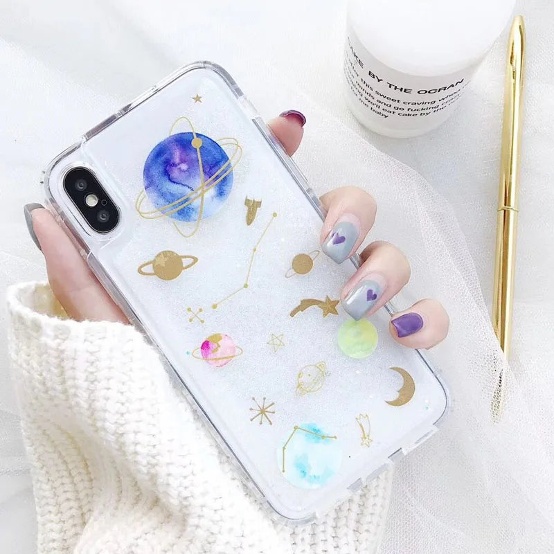 JiBan Universe Saturn Glitter Powder Cushion Mobile Phone Case For iPhone 6 6S 7 8 Plus X Cases Anti-fall Sandpaper Soft Sleeve | Мобильные