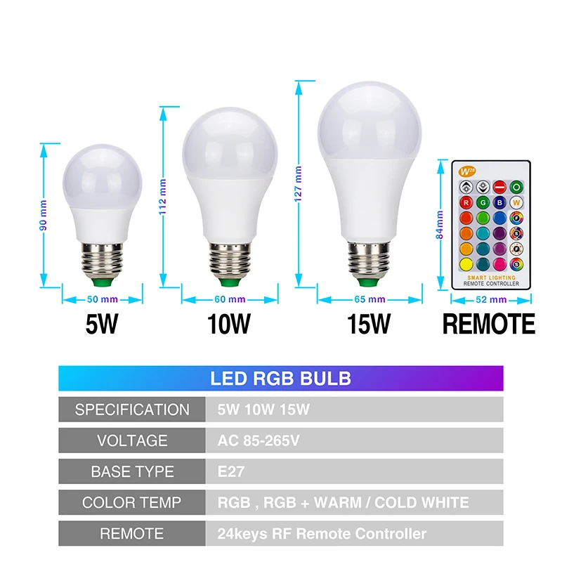 Светодиодная RGB лампа с регулируемой яркостью E27 5 Вт 10 15 AC85 265V функцией памяти + ИК