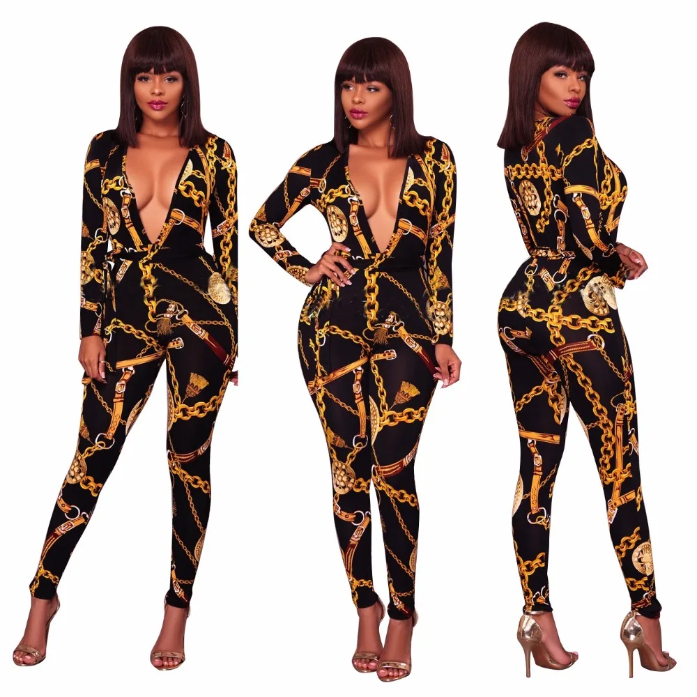 Женский комбинезон с цветочным принтом V образным вырезом и застежкой