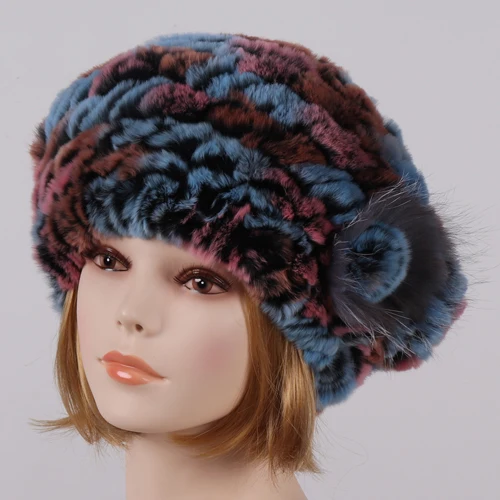 colorful 1 Новинка, вязаные женские шапки с натуральным мехом, женские шапки с цветами в полоску, натуральная шапка из меха кролика Рекс, русская зимняя теплая шапка из натурального меха - Цвет: colorful 1