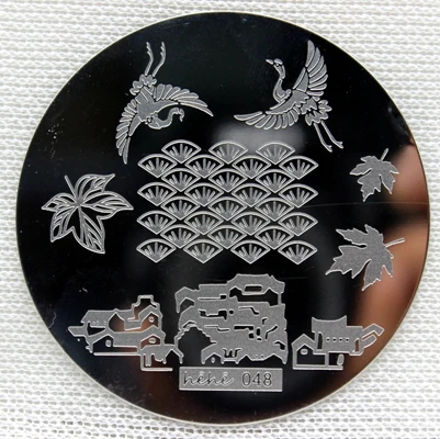 #048 Round Nail Art Stamp Stamping Plates Template Crane House Leaves Pavilion Image Plate hehe048 | Красота и здоровье