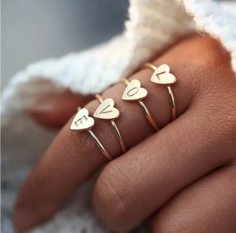 Personalized heart-shaped letter A-Z women's ring Simple fashion jewelry High-quality exquisite three-color | Украшения и