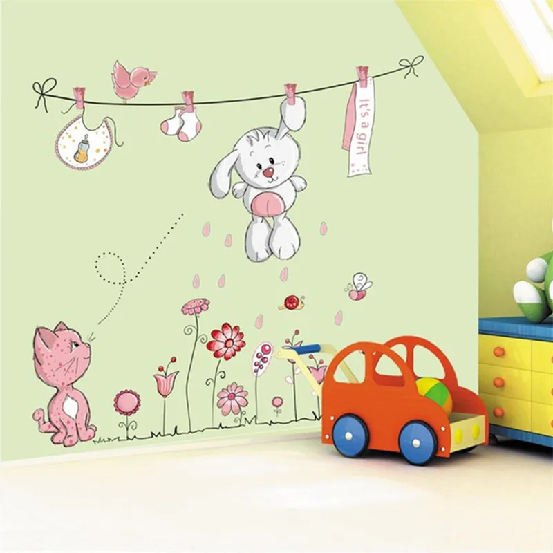 Милая висячая одежда съемная Настенная Наклейка с кроликом и котом для детского