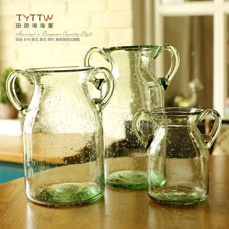 

Free Shipping 2015 NEW High-quality Rural style living room hydroponic vase, Two ears glass vase office decorations