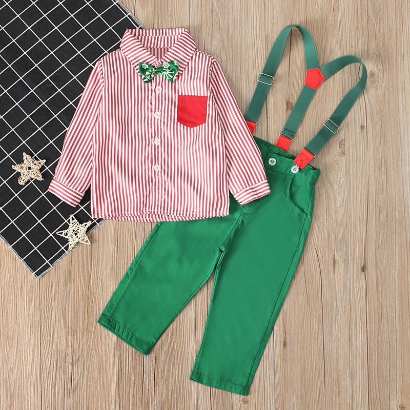 Gentleman Kid Boys Formal Suits Summer Sets Bow Tie Long Sleeve T-shirt Suspender Trouser 2Pcs Christmas Outfits 1-5Years
