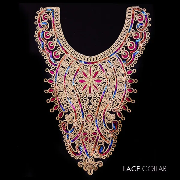2piece Gold Metallic Lace Neckline Collar Sequin Embroidery Sew on Patches Fabric Applique | Дом и сад
