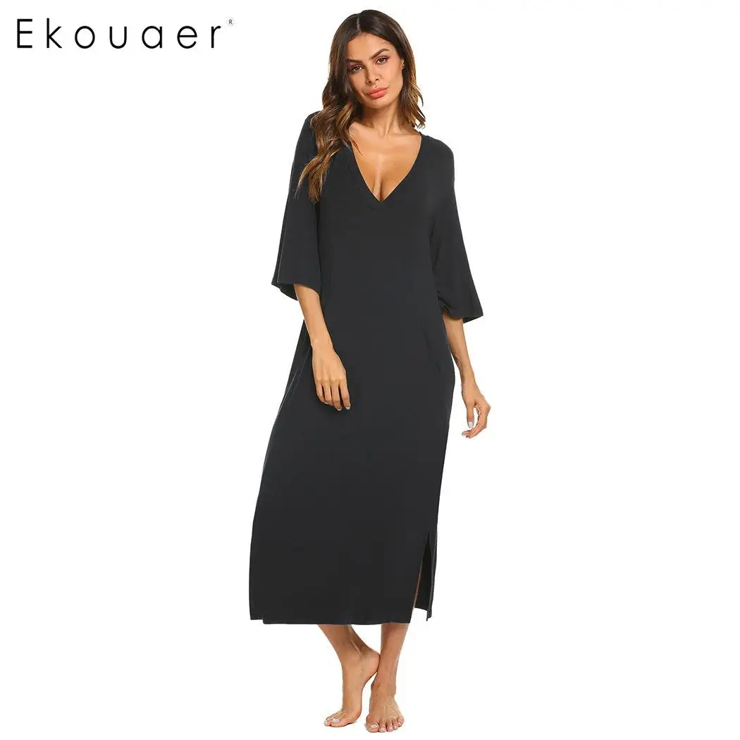 Ekouaer Women Long Sleep Dress Nightdress V-Neck 3/4 Sleeve Solid Pocket Nightgown Lady Loose Sleepshirts Nightwear Plus Size | Женская