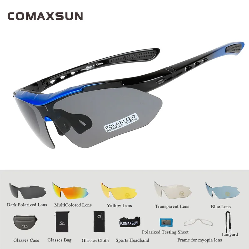 BLACK BLUE COMAXSUN, Профессиональные поляризованные велосипедные очки, велосипедные очки, для спорта на открытом воздухе, велосипедные солнцезащитные очки, UV 400, с 5 линзами, TR90, 5 цветов - Цвет: BLACK BLUE