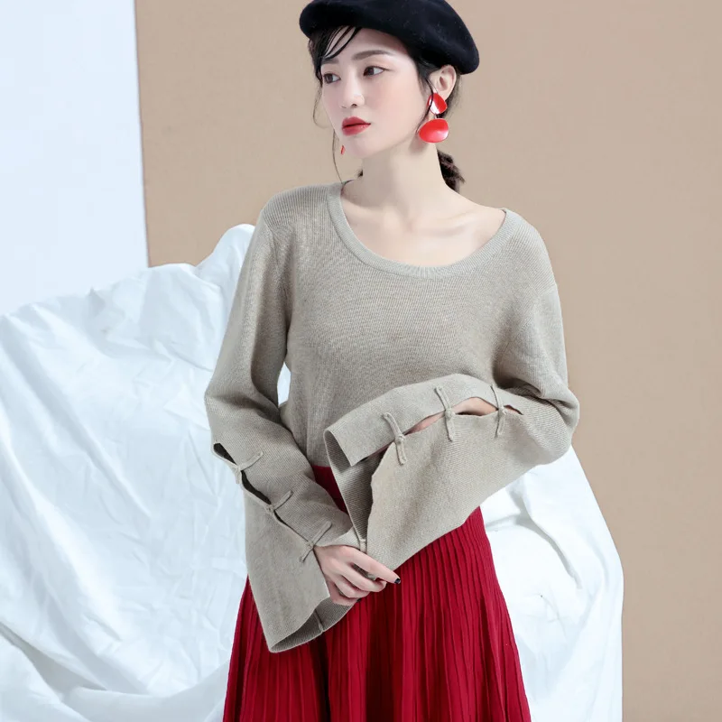 Осень 2017 г. простой галстук пряжки рукав с круглым вырезом Сладкий Пуловеры для