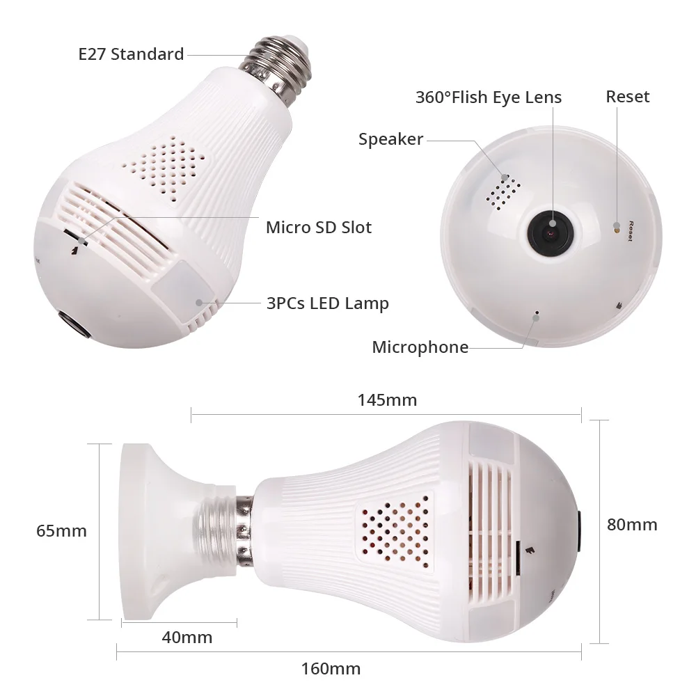 Morcembr 360 градусов Камера Беспроводной лампочки Fisheye панорамный Light 1080 P Wi-Fi