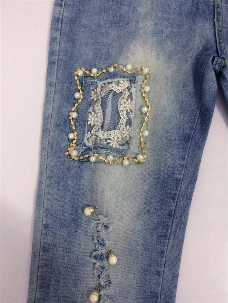 

2020 Sexy Lace Handmade Sparkling Bead Diamond Rhinestones Hybrid Nail Ripped Slim Skinny Women Jeans