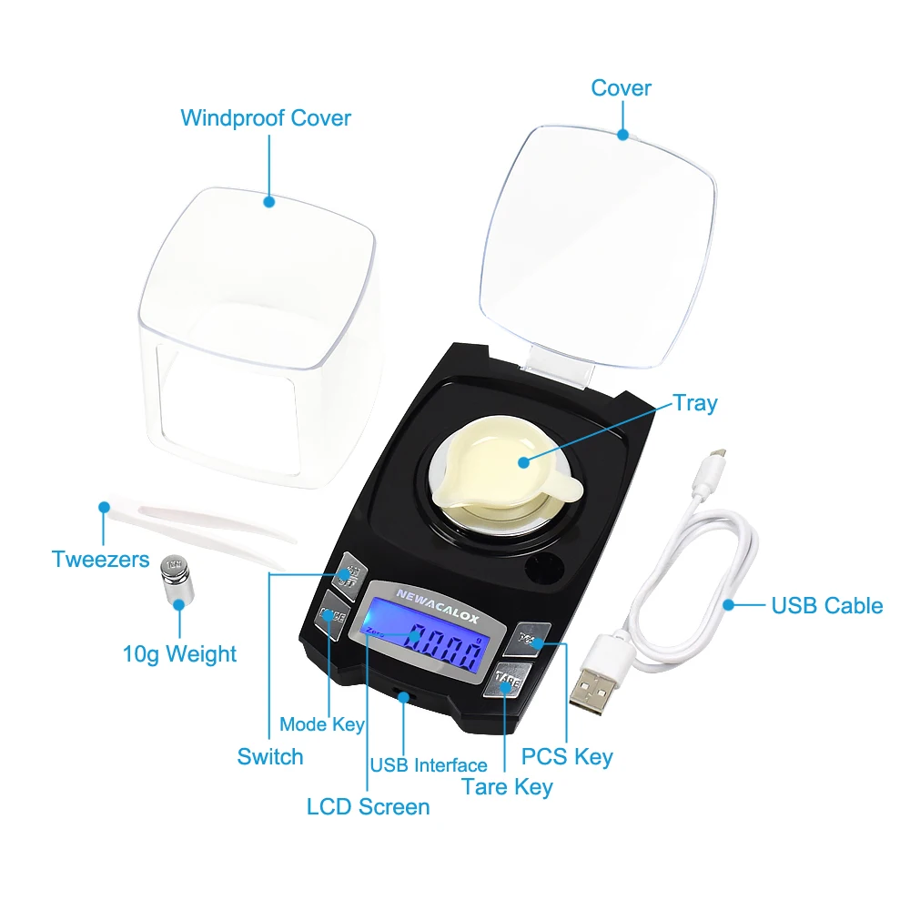 NEWACALOX 100 г/50 г x 0,001 г цифровые электронные весы мини-зарядка через usb весы 0,001 г точные ювелирные лабораторные весы