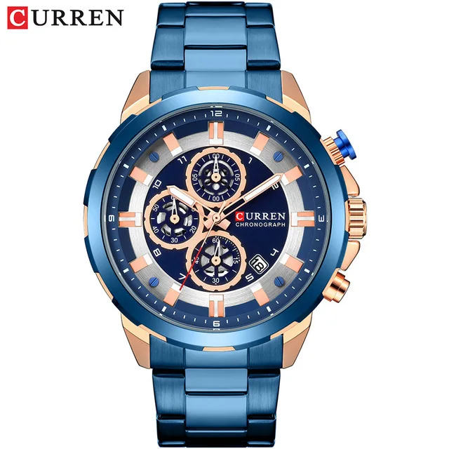 blue CURREN Часы мужские синие Роскошные кварцевые Стальные мужские s часы лучший бренд класса люкс часы с хронографом мужские часы Роскошные наручные часы - Цвет: blue