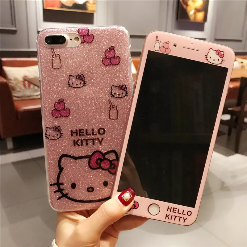 Для iPhone 8 Plus bling KT Чехол + пленка из закаленного стекла милый мягкий чехол hello kitty