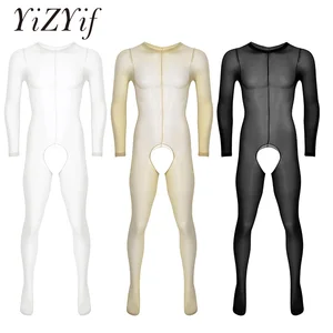 Сексуальное нижнее белье для мужчин, прозрачное, с круглым вырезом, с длинными рукавами, с вырезом, эластичные колготки