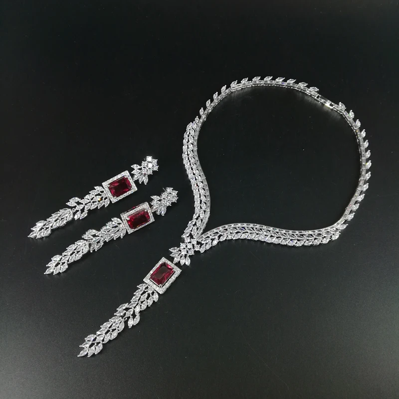 Новая Мода романтическое V стиль красный квадрат циркон ожерелье серьги свадьба