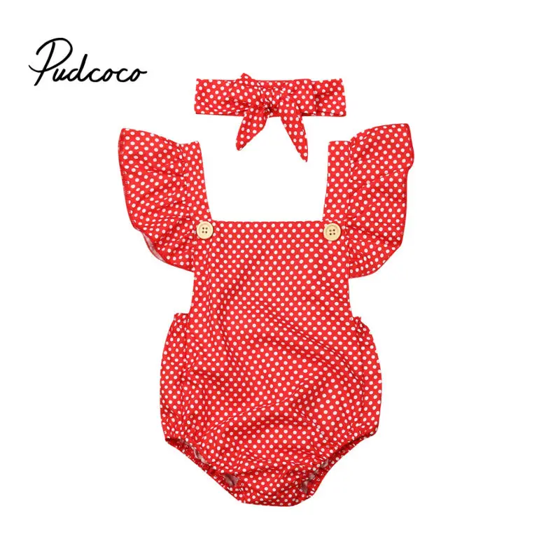 2019 Baby Girl Clothes Newborn For Female Outfit Infant Clothing Set Solid Blue Dot Red Romper +Headband 2Pcs Fly Sleeve |