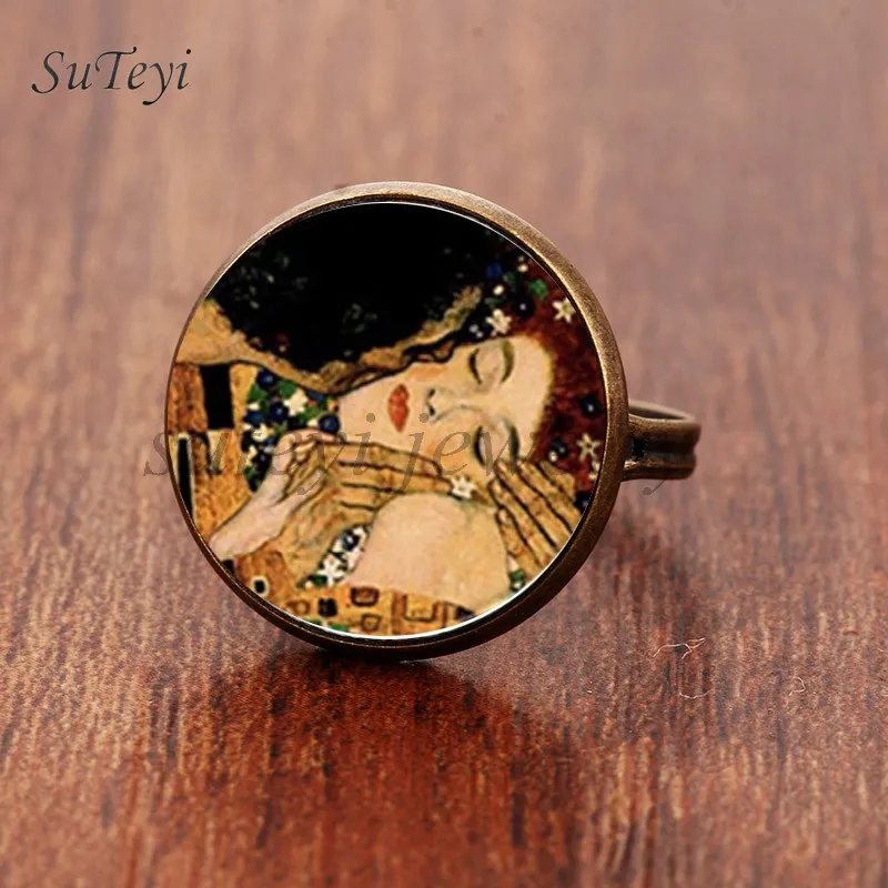 Suteyi, модные Камея Kiss Klimt из стекла, художественное кольцо для фото, ювелирные изделия ручной работы, регулируемый размер, кольца, подарки для девочек