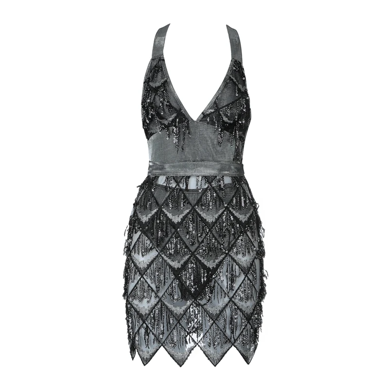 

INDRESSME Sexy Deep V Women Halter Sequins Mesh Bodycon Mini Dress Fashion Sleeveless Backless 2019 Summer New Women Mini Dress