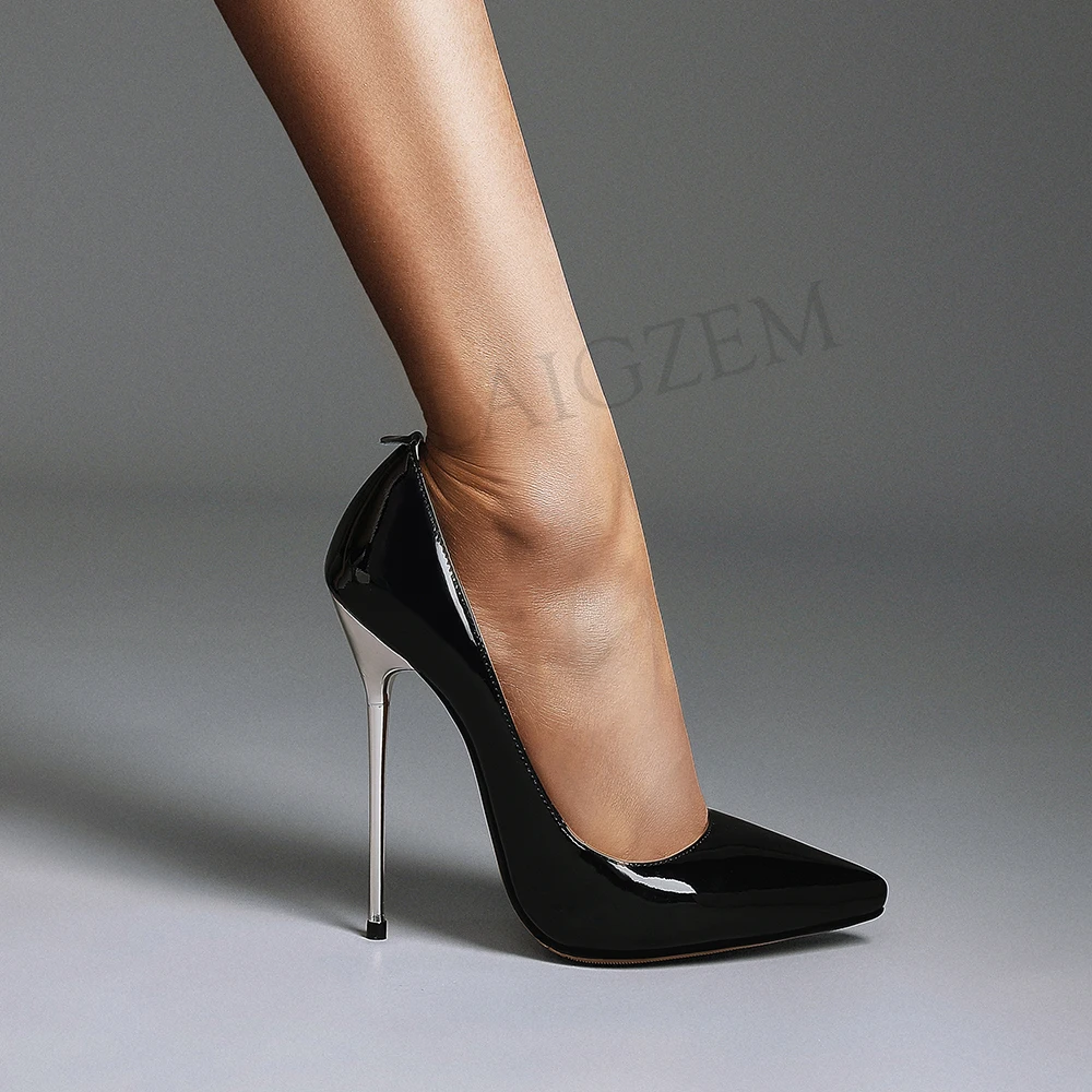 

LAIGZEM CHIC Women Heels Real Patent Leather 12.5CM Pointy Toe Pumps Metal Stiletto Party Dress Shoes Woman Big Size 34 41 43 46