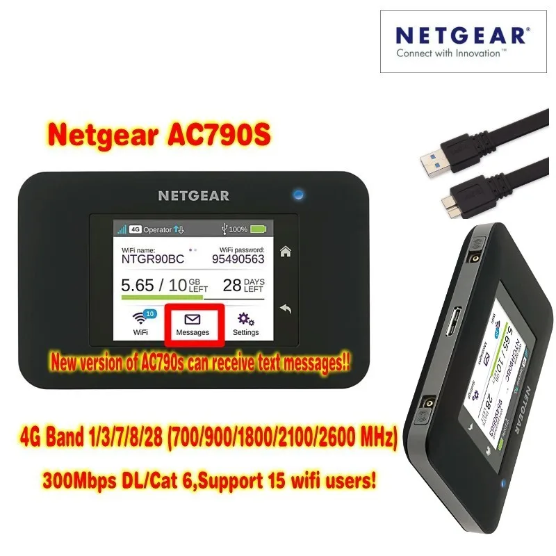 Lot of 10pcs original packag netger AC790S 4g cat6 300 mbps mobile touch screen router (plus antenna)