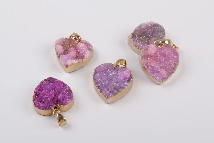 BOROSA 10 шт. Подвески в виде РОЗОВОГО СЕРДЦА Drusy натуральный кулон agates Druzy Титан AB фиолетовая любовь позолоченный кулон для ожерелья подарки для девочек G1829