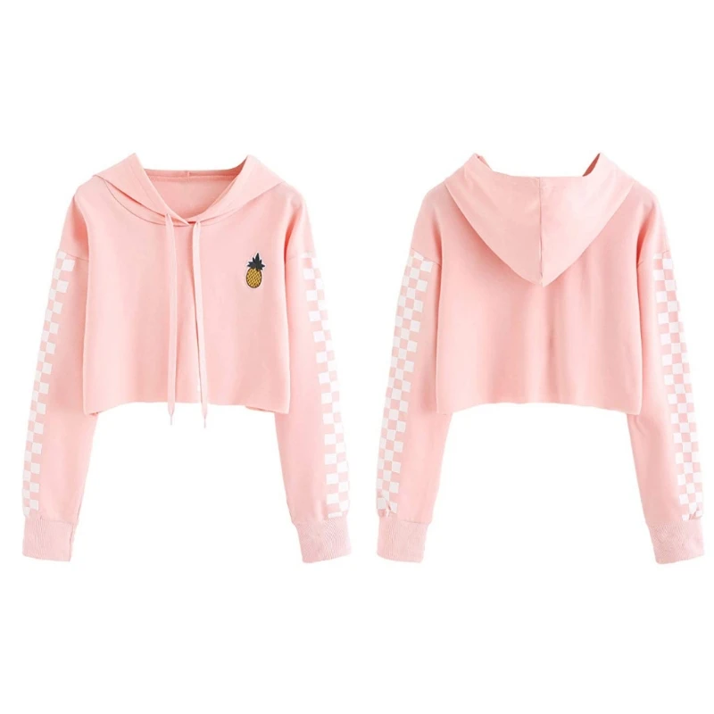 

Womens Crop Tops Sweatshirt Pineapple Embroidery Gingham Plaid Hoodies Pullover
