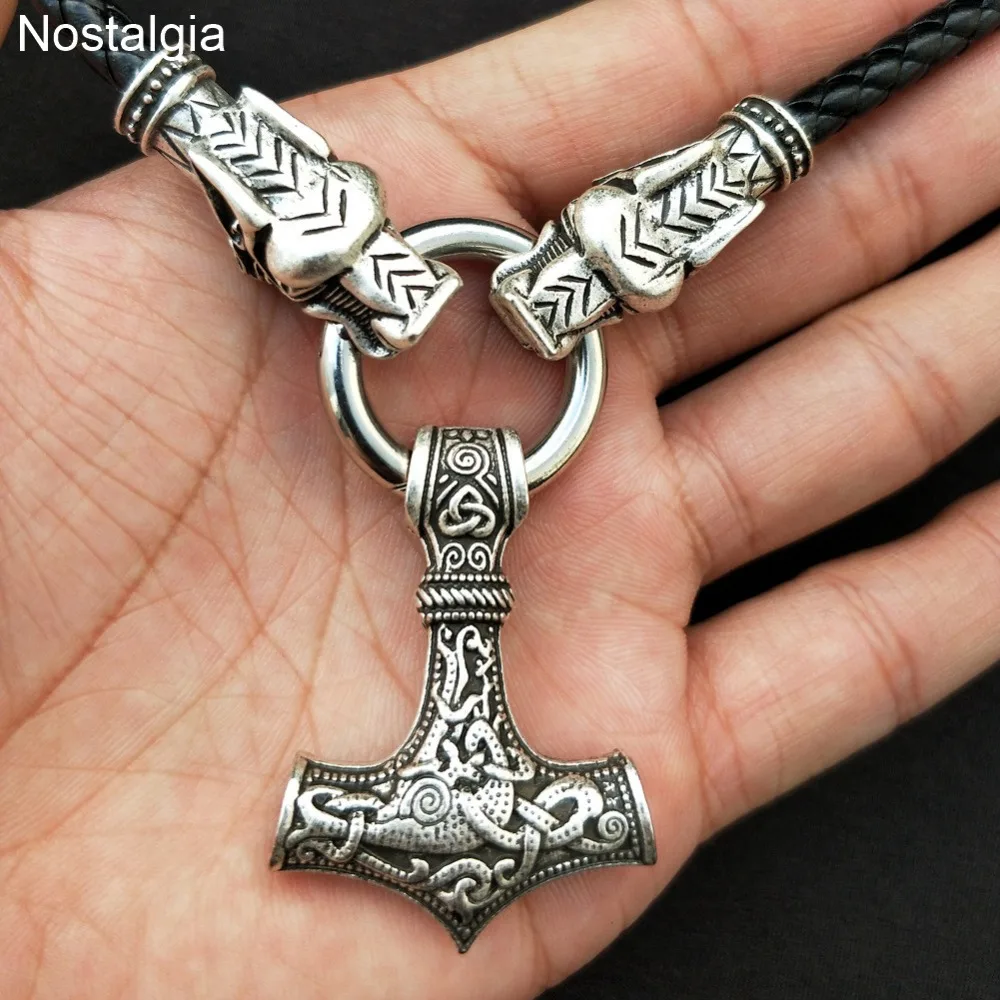 Ностальгия Thor Hammer норвежский викинг Дракон ожерелье Длинный кожаный Mjolnir амулет