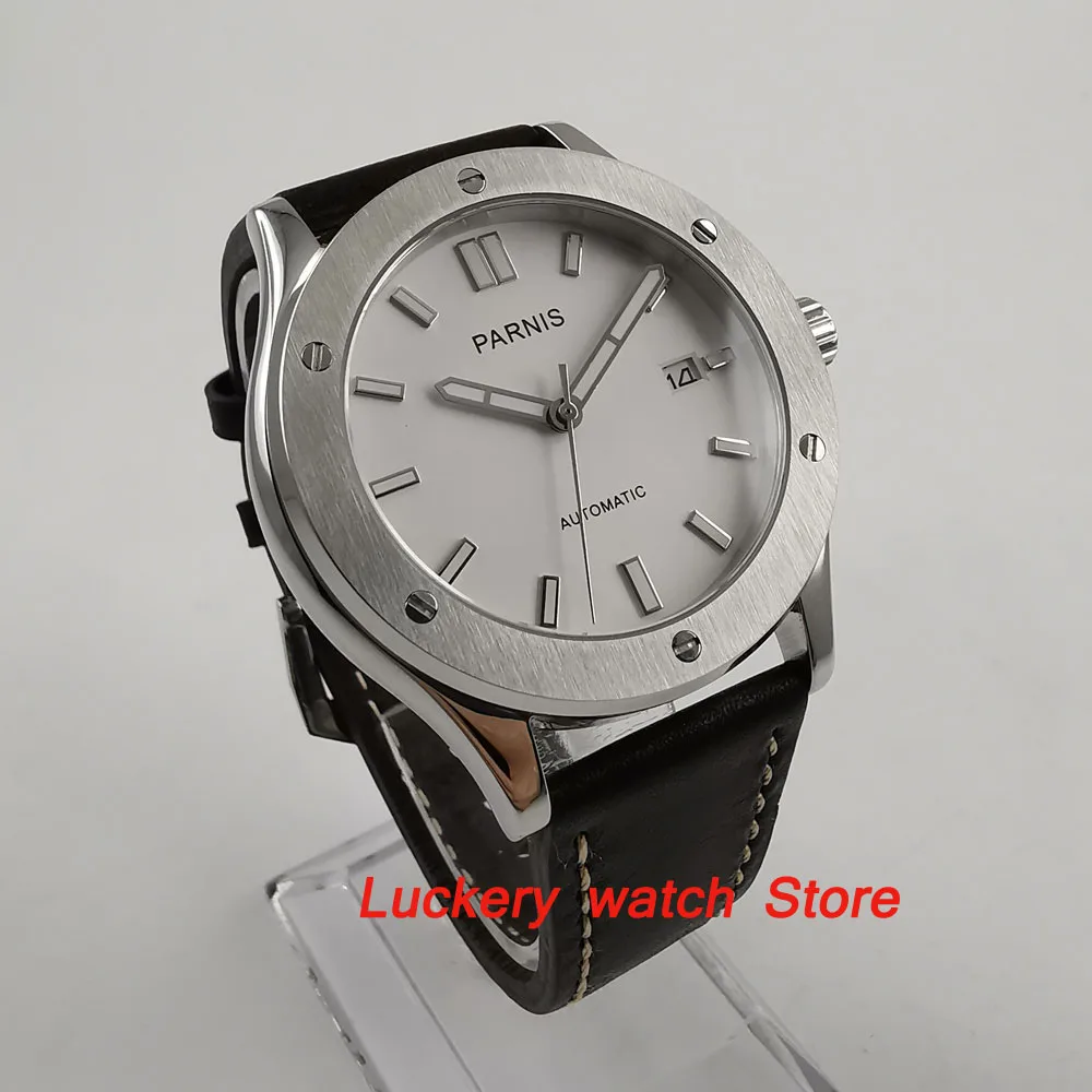 Мужские часы Parnis 42 мм с белым циферблатом и светящимся сапфировым стеклом 24