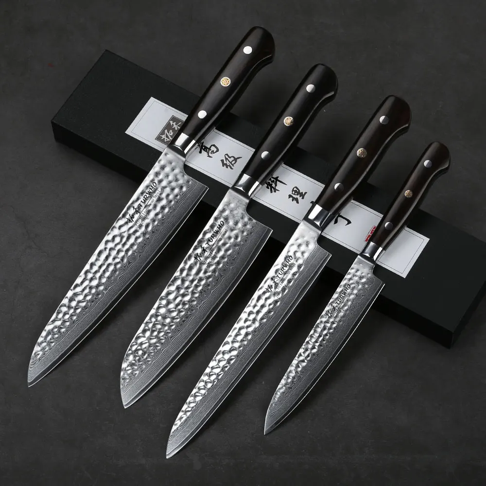 4PCS TURWHO 4 шт. набор кухонных ножей из дамасской стали, супер Острый кухонный инструмент, нож шеф-повара сантоку, набор ножей для нарезки черного дерева - Цвет: 4PCS