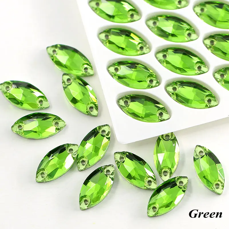 green 7*15 мм, конский глаз, серебряная основа, 2 отверстия, пришитые стразы, бисер, швейный кристалл, камень для украшения для одежды - Цвет: green