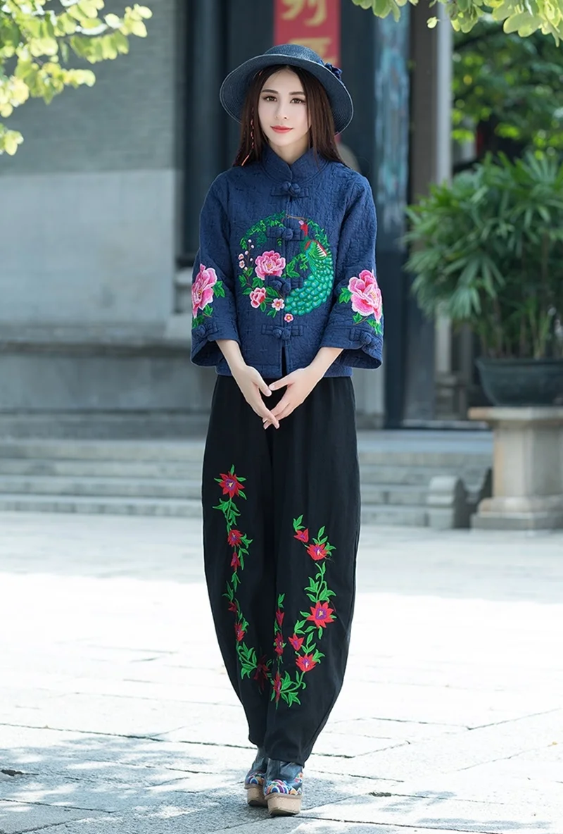 Женские китайские топы, винтажное пальто с вышивкой Hanfu, этническое пальто с воротником-стойкой, хлопковая льняная одежда в китайском стиле для женщин, FF1758