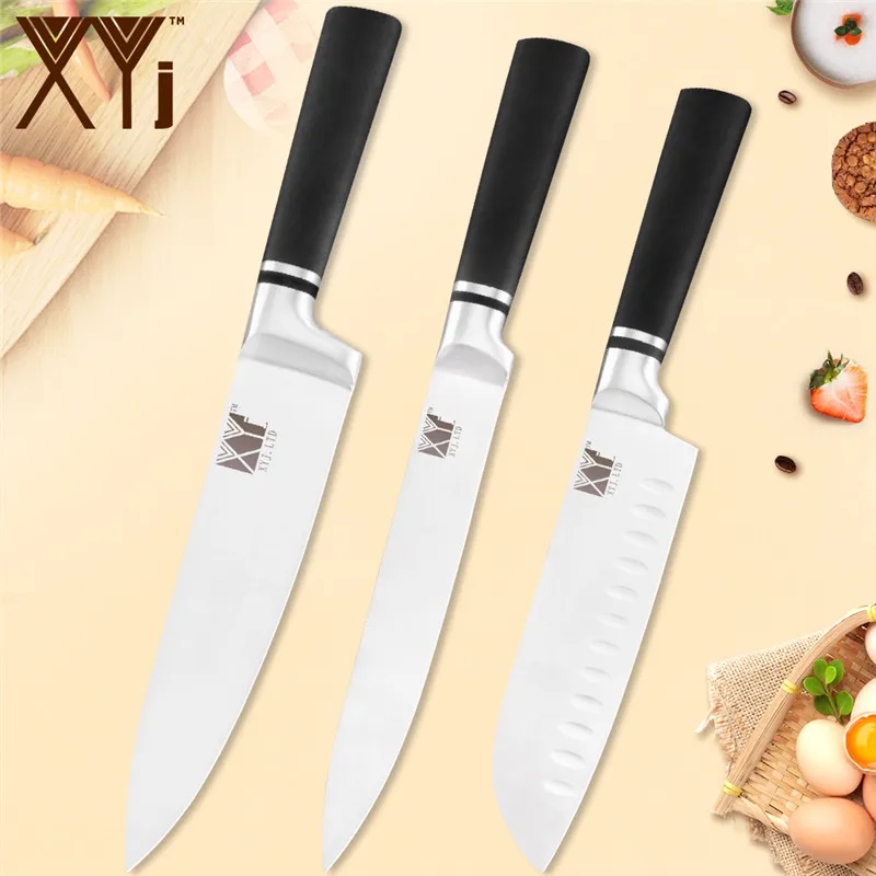 E.3pcs set XYj 6 шт. набор кухонных ножей из нержавеющей стали, черные Нескользящие ручки, ножи шеф-повара, острое лезвие, для хлеба, мяса, для приготовления пищи, бытовые инструменты - Цвет: E.3pcs set
