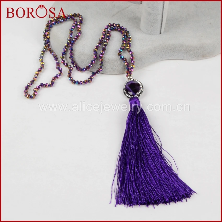 

BOROSA 32inch Beaded Necklace Natural Onyx Stone & Long Silk Rainbow Tassel Necklace Rhinestone Pave Druzy Necklace JAB583