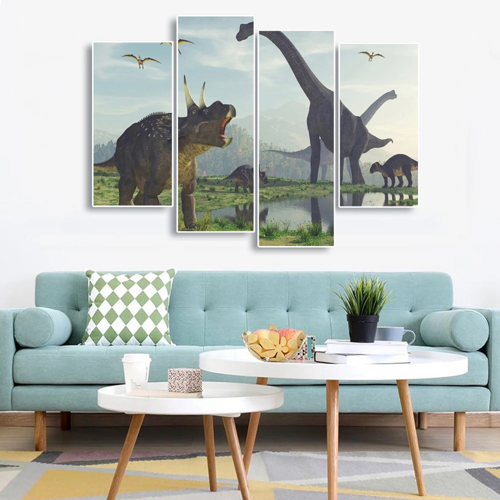 Laeacco Canvas Painting Calligraphy Jurassic World Dinosaur 4 Panel Wall Artwork Posters and Prints Home Decoration Pictures | Дом и сад
