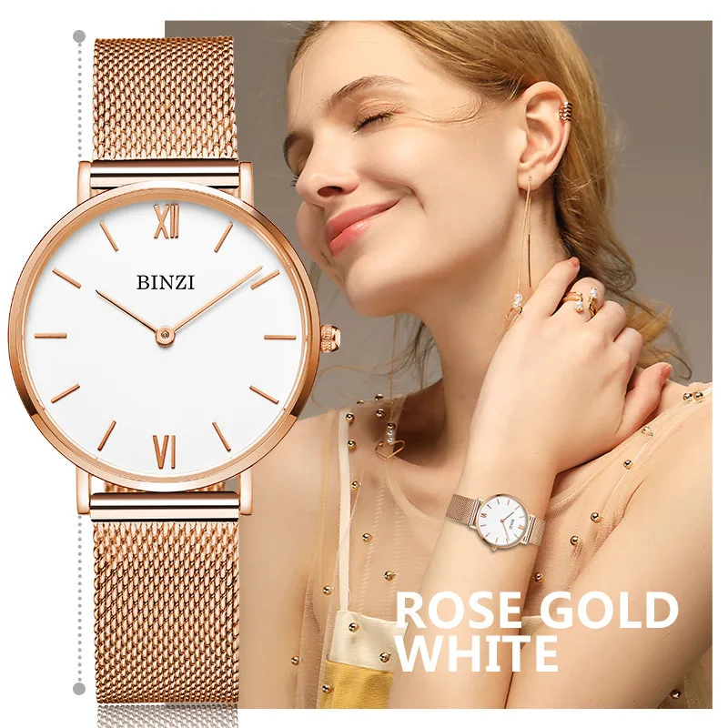 Роскошные Брендовые женские часы BINZI розовое золото кварцевые наручные