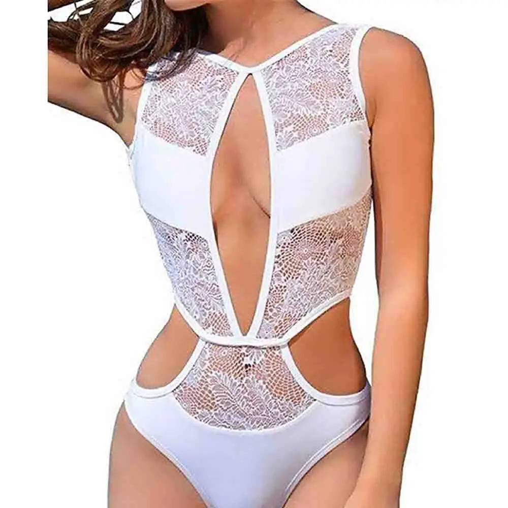 White3 Новинка, женский сексуальный кружевной сетчатый купальник с открытой спиной, глубокий v-образный вырез, Цельный купальник, монокини, бандаж, купальник, черный/белый, S-XXL - Цвет: White3