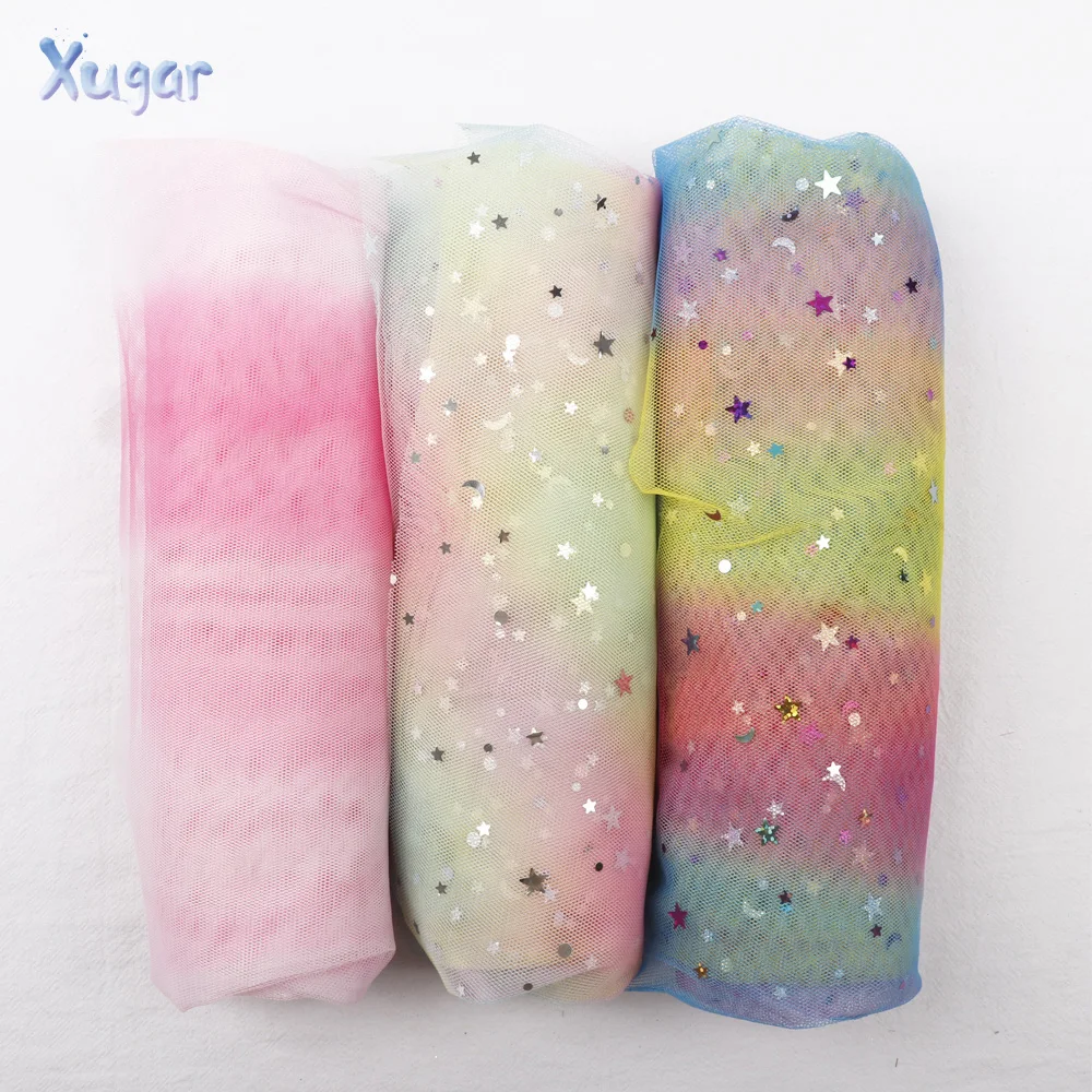 

Xugar 90*145cm Rainbow Fabric Stars Sequin Yarn Muslin Fabric DIY Clothes TuTu Dress Organza Wedding Party Decoration Background