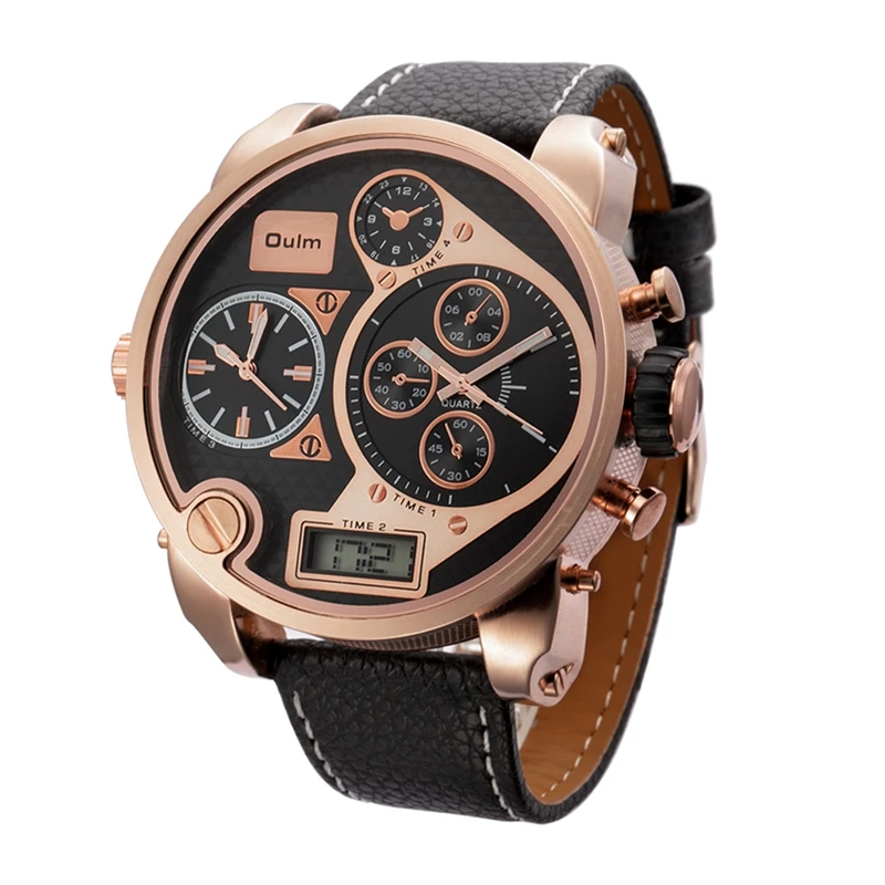 Oulm кожа большие часы для мужчин большой циферблат двойной дисплей военные