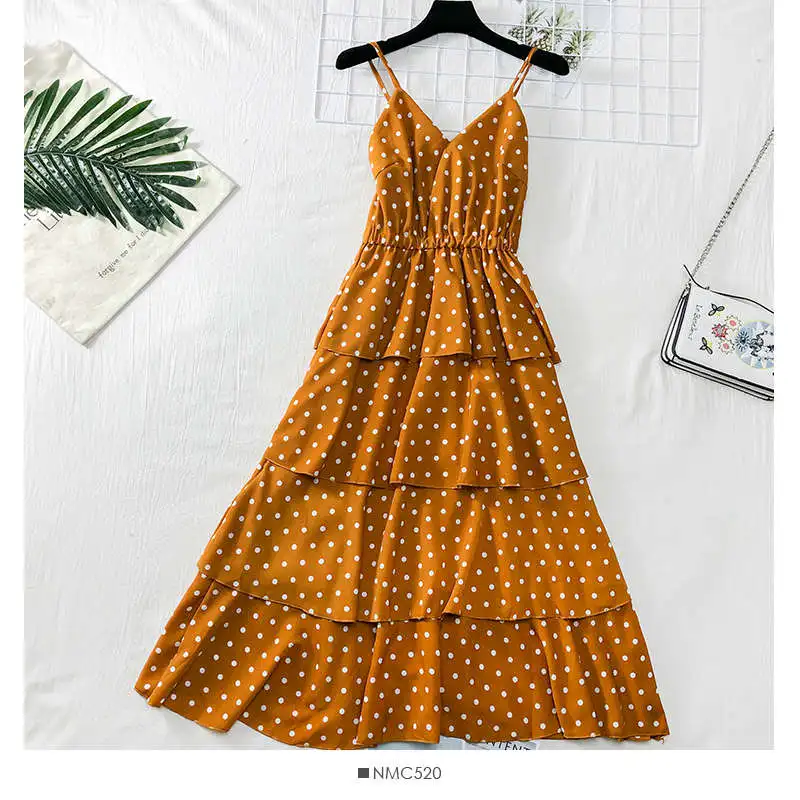 Sweet wind V-neck open back cake strap dress female 2019 new wavelet point long DW16 | Женская одежда