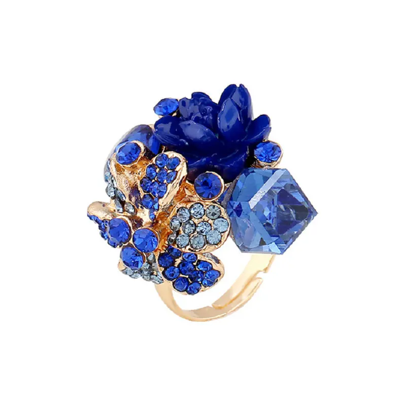 Большое кольцо с синим кристаллом в виде розы Регулируемые женские кольца