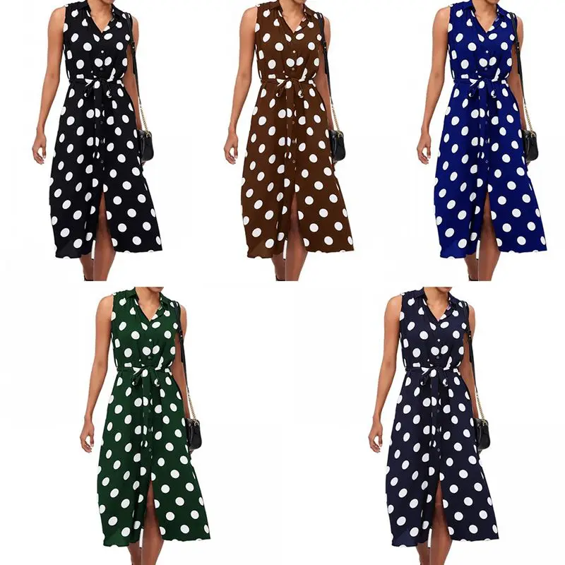 Женское шифоновое макси платье в горошек с v образным вырезом без рукавов поясом