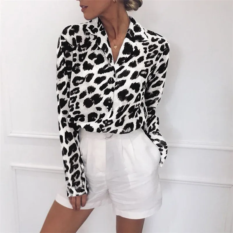 

Baharcelin Fashion Summer spring Girl Women blouse vintage Leopard full sleeve tops Casual loose chiffon Blouse Top clothes
