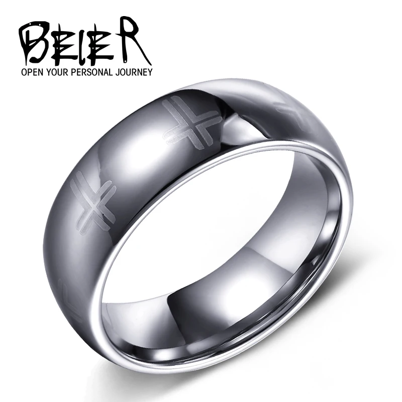 Мужское кольцо из вольфрама Beier серебристое с крестом 8 мм модель W006 100%|men wedding