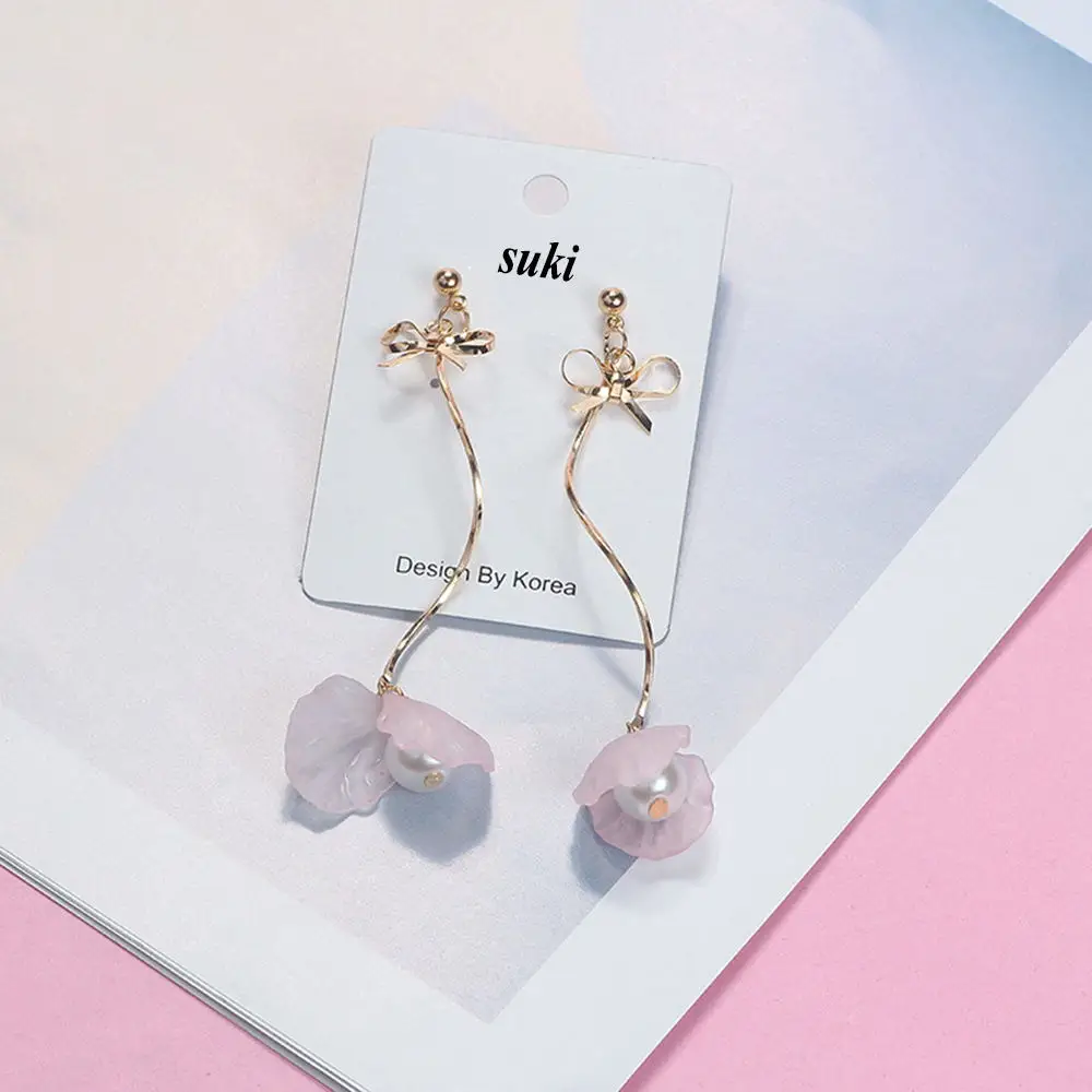 Женские розовые Лепестковые серьги SUKI длинные массивные с металлическим бантом
