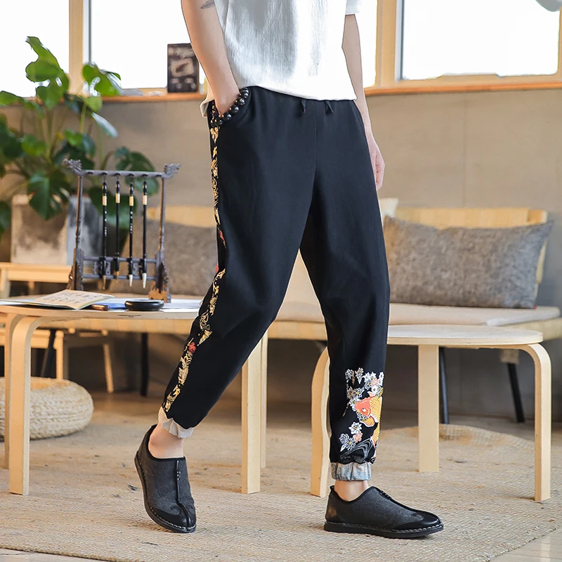 Chinese Style Retro Men Pants Brand New Loose Plus Size Harem Pant Casual Embroidery Mens Joggers Autumn Hot Sale Trouser | Мужская