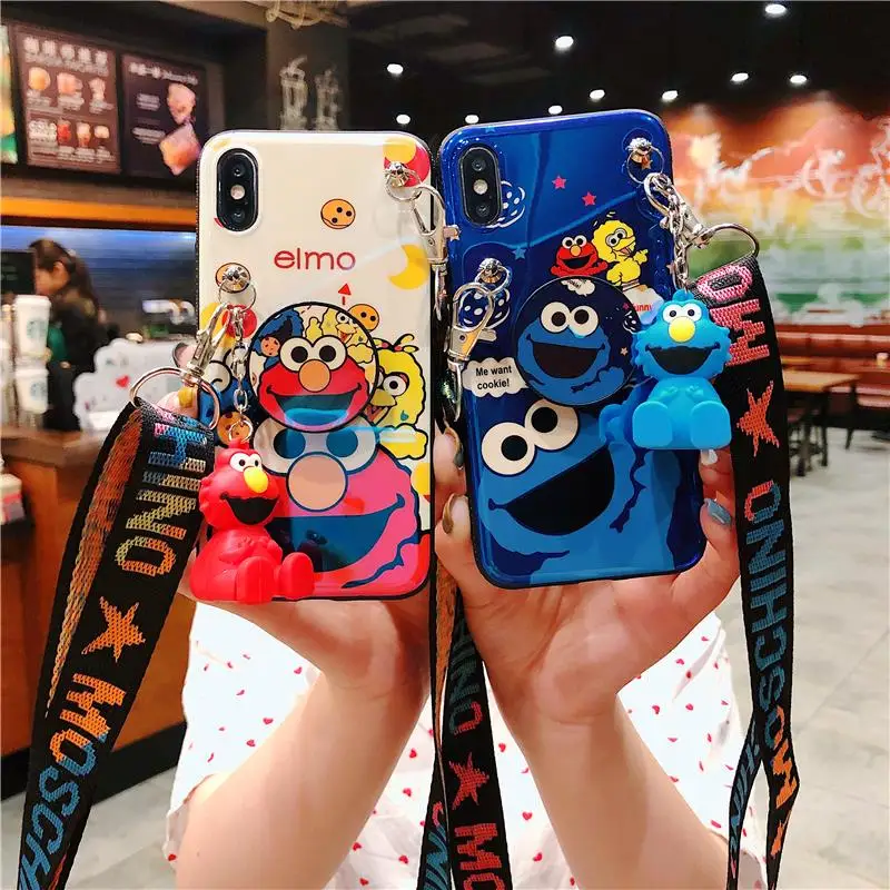 4 шт. чехол для iphone XS max XR X Улица Сезам, мягкий чехол для телефона с изображением милого печенья Элмо для iphone 8plus 7P 6P 6 7 8+ игрушка+ подставка+ ремешок