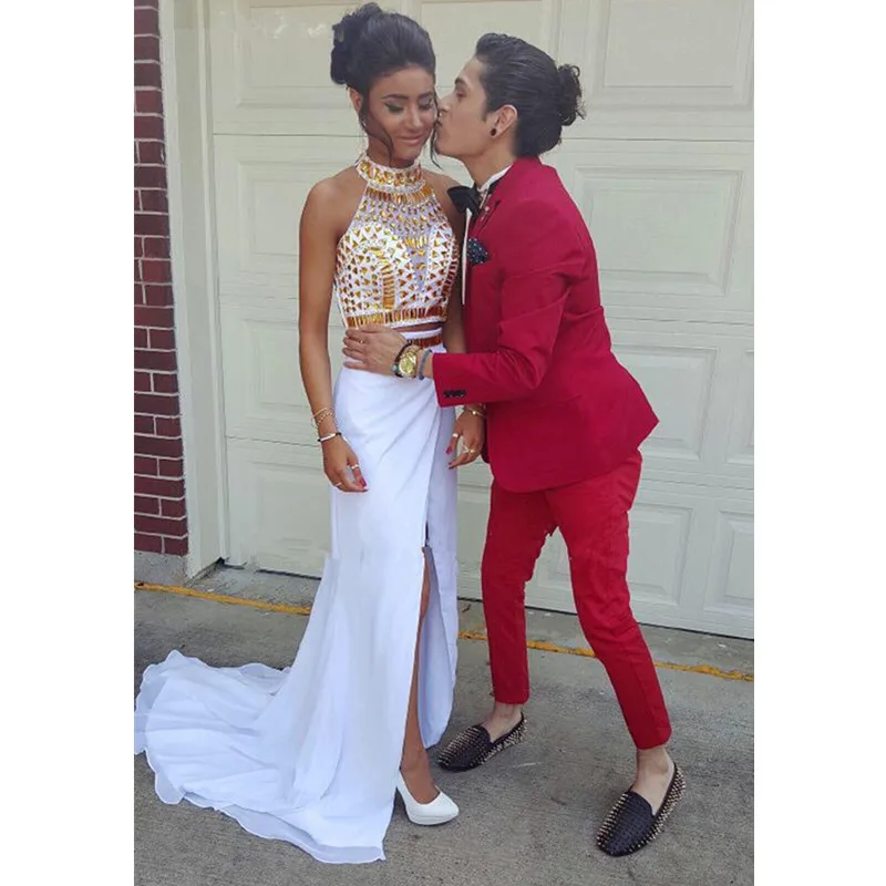 Белый платье с сплит шифон сексуальные гала бисером крозе топ 2 шт. пром платья