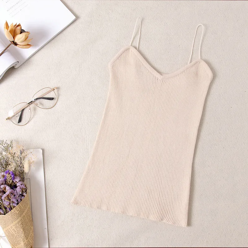 apricot Кроп-топы Tamls Camis Camisole tank Moda Mujer вязаная футболка топы без рукавов Повседневная футболка - Цвет: apricot
